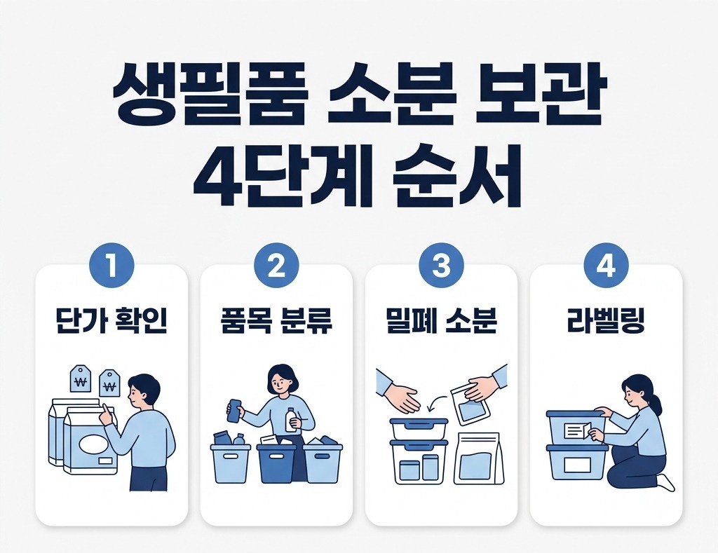 생필품 소분 보관 4단계 순서 — 단가 확인, 품목 분류, 밀폐 소분, 라벨링