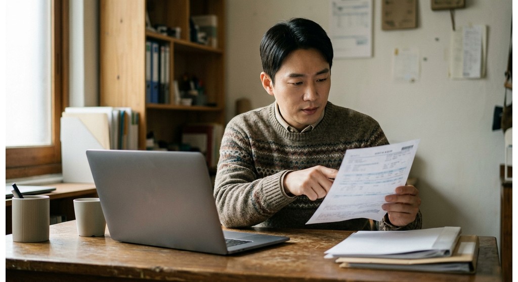 책상에 앉아 노트북으로 행정 서비스를 신청하는 보호자
