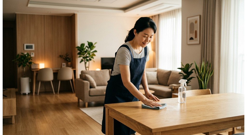 수납장에 물건을 분류하여 정리하는 수납전문가