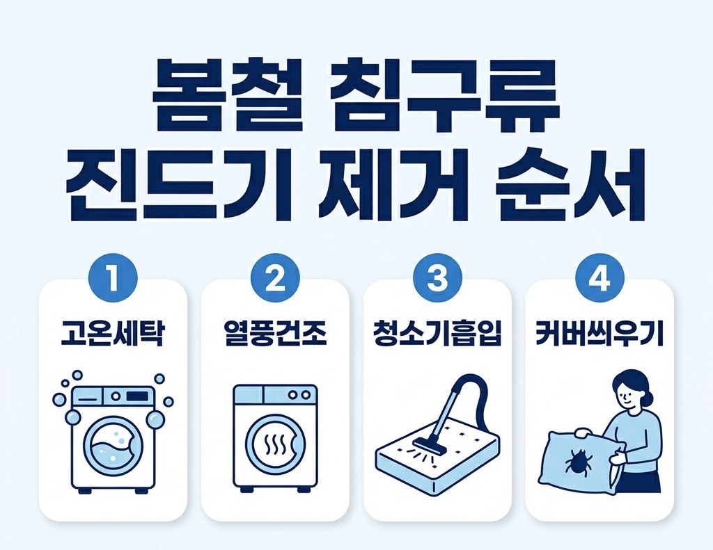 봄철 침구류 진드기 제거 순서 — 고온세탁, 열풍건조, 청소기흡입, 커버씌우기