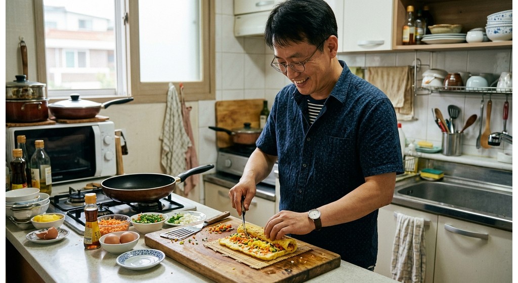 남은 나물과 볶음밥을 넣고 달걀지단으로 말아 만든 이색 김밥 요리