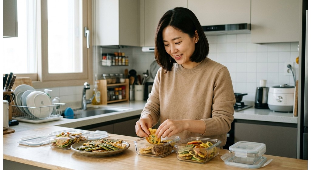 남은 명절 음식을 투명한 용기에 깔끔하게 분류하여 보관하는 모습