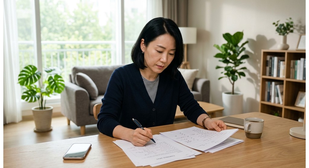 이사 계약 전 견적서 항목을 꼼꼼하게 확인하며 체크리스트를 작성하는 모습