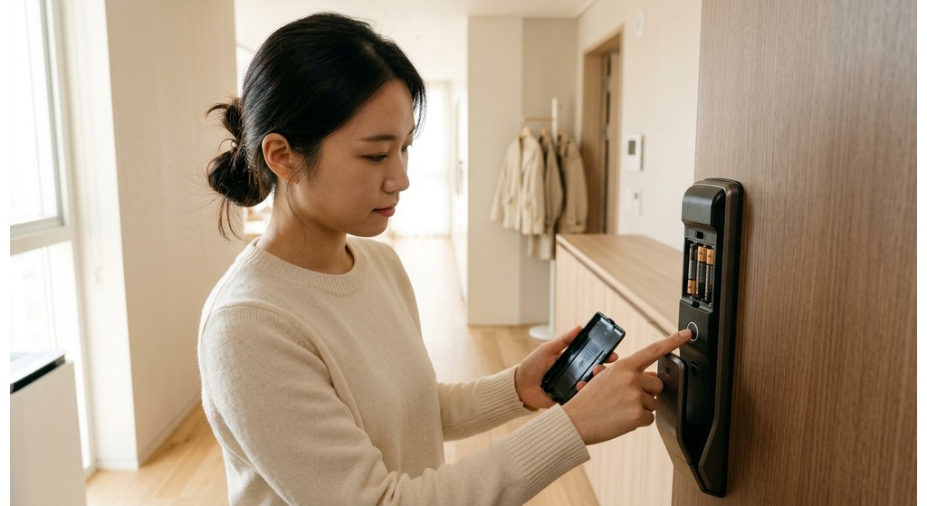 원룸 현관문 도어락의 건전지 덮개를 열고 내부 등록 버튼을 눌러 비밀번호를 변경하는 모습