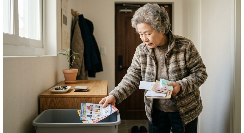 현관 입구 정리함에서 필요 없는 우편물과 사은품을 걸러내고 정리하는 4대 남성의 손